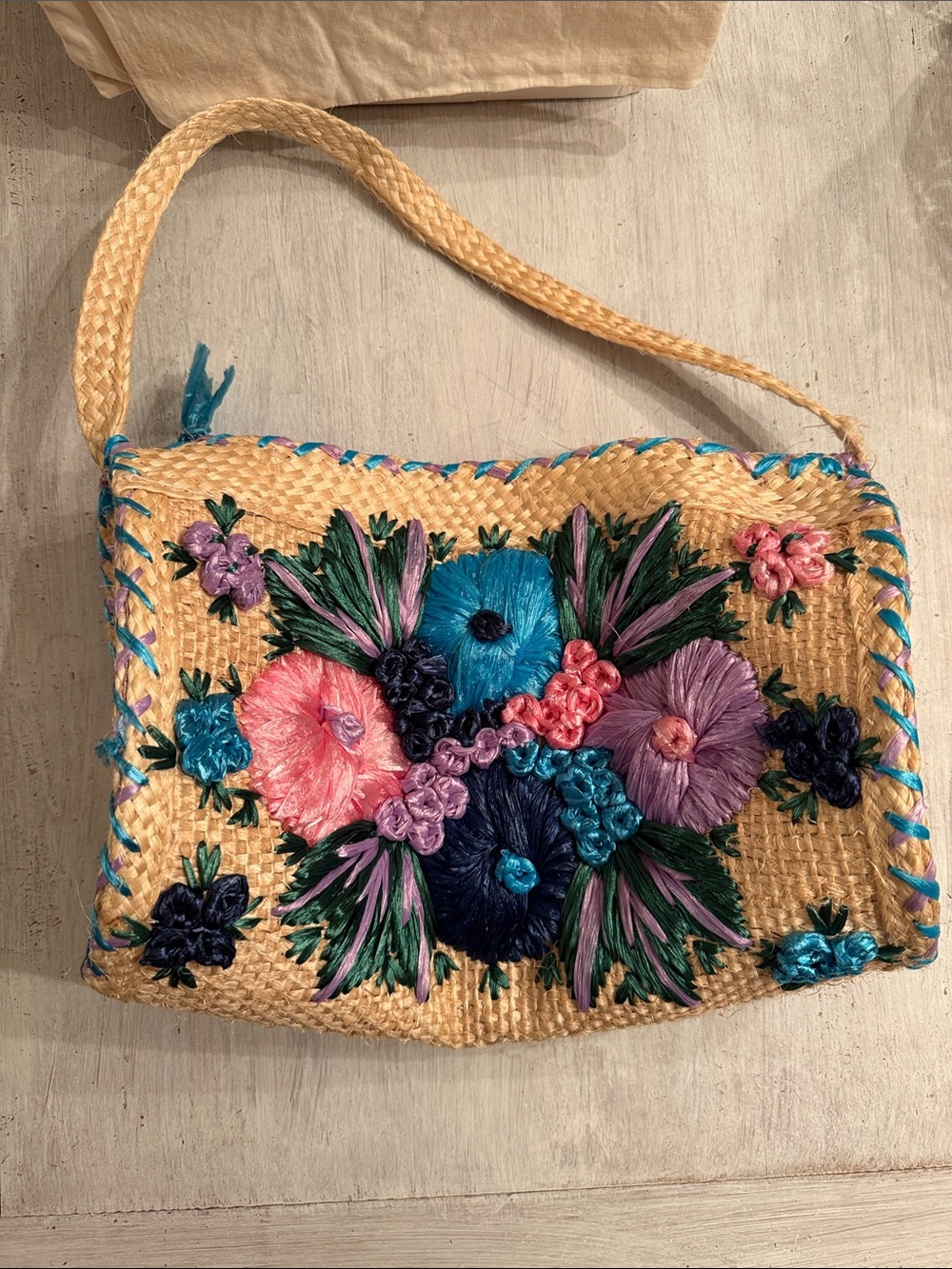 Embroidered Straw Shoulder Bag in Natural with Multicolor Floral Accents